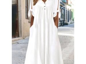 Women's Casual Dress Shift Dress White Dress Midi Dress White Short Sleeve Pure Color Button Summer Spring V Neck Basic Vacation Loose Fit 2023 S M L XL XXL 3XL #9223970