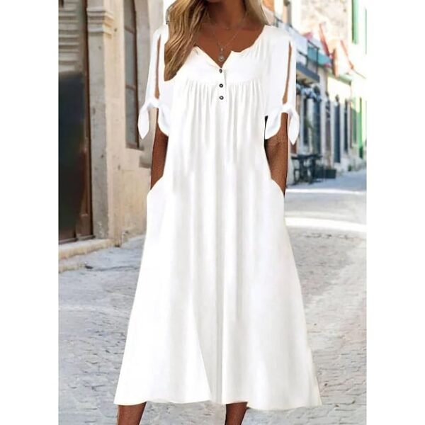 Women's Casual Dress Shift Dress White Dress Midi Dress White Short Sleeve Pure Color Button Summer Spring V Neck Basic Vacation Loose Fit 2023 S M L XL XXL 3XL #9223970