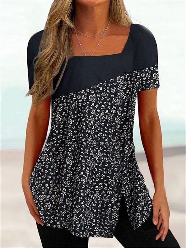 rwlgul1678859018799.jpg Women's T shirt Tee Black White Pink Floral Striped Print Short Sleeve Casual Holiday Tunic Basic Square Neck Regular Floral Plus Size L