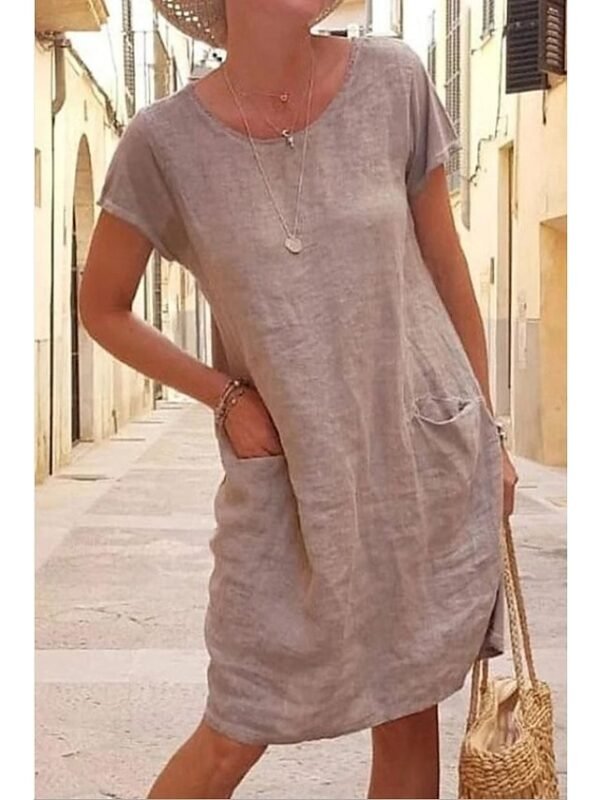 Women‘s Shift Dress Knee Length Dress Short Sleeve Pure Color Pocket Spring Summer Crew Neck Basic Casual Classic Loose 2023 S M L XL 2XL 3XL 4XL 5XL / Cotton