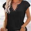 Women's T shirt Tee Light Blue Black White Plain Button Short Sleeve Casual Basic V Neck Regular S
