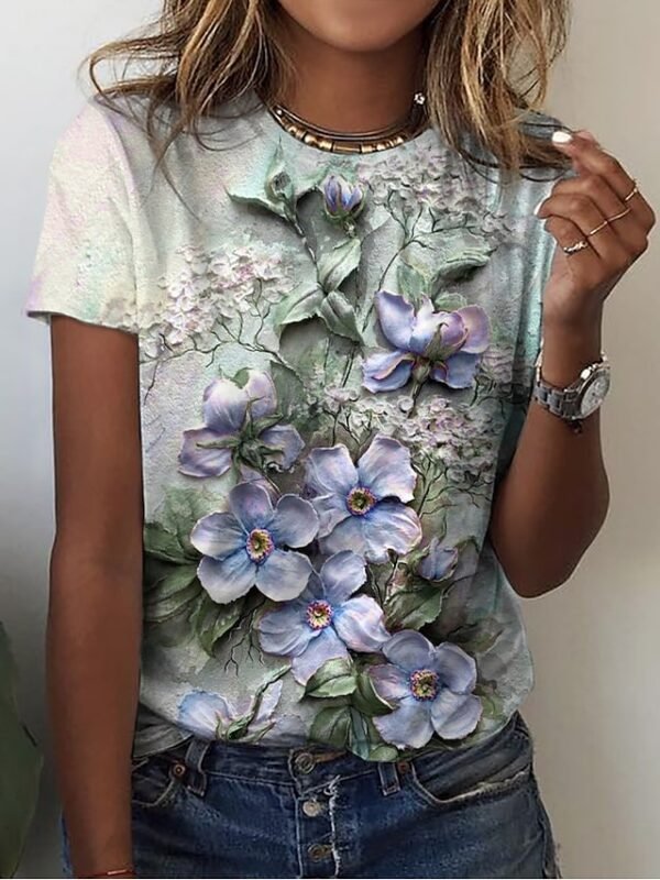 Women's T shirt Tee Yellow Pink Blue Floral Print Short Sleeve Holiday Weekend Basic Round Neck Regular Floral Painting S