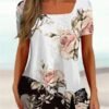 tizjqj1678859089751.jpg Women's T shirt Tee Black White Pink Floral Striped Print Short Sleeve Casual Holiday Tunic Basic Square Neck Regular Floral Plus Size L