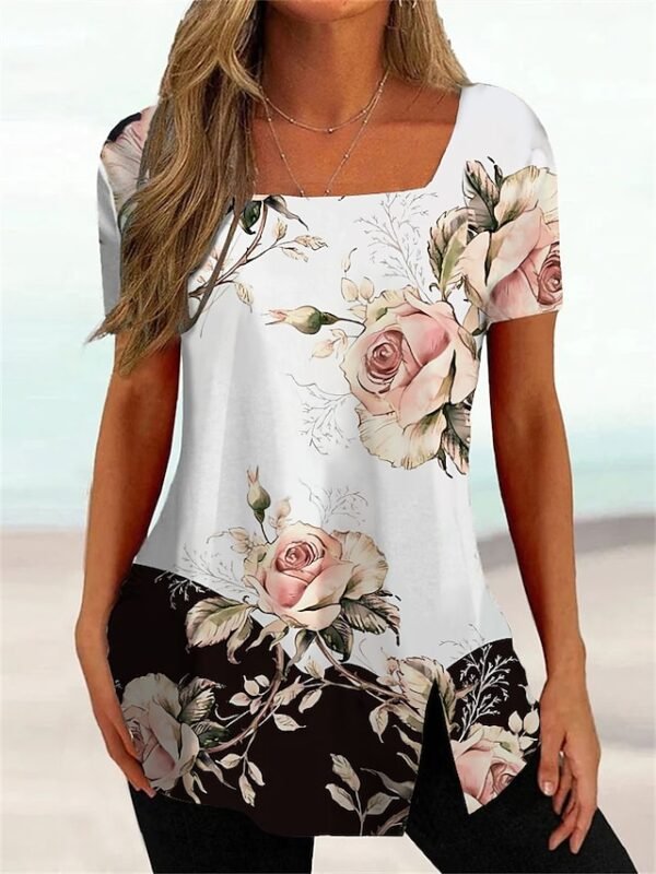 tizjqj1678859089751.jpg Women's T shirt Tee Black White Pink Floral Striped Print Short Sleeve Casual Holiday Tunic Basic Square Neck Regular Floral Plus Size L