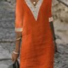 Women's Cotton Linen Dress Casual Dress Shift Dress Midi Dress Cotton And Linen Fashion Modern Outdoor Daily Vacation V Neck Patchwork Half Sleeve Summer Spring 2023 Regular Fit Gray Plain 3XL