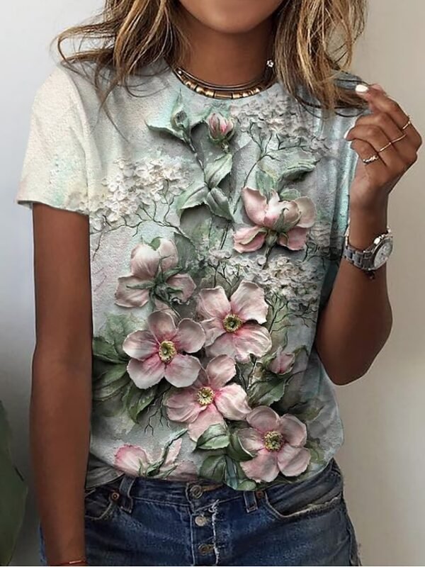 Women's T shirt Tee Yellow Pink Blue Floral Print Short Sleeve Holiday Weekend Basic Round Neck Regular Floral Painting S